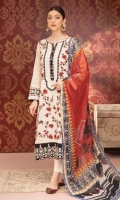 1.15M Embroidered Jacquard Front 1.15M Dyed Jacquard Back 0.65M Dyed Jacquard Sleeves 2.5M Printed Chiffon Dupatta 2.5M Dyed Trouser Embroidered Border for Daman 1M Embroidered Lace for Sleeves 1M Embroidered Lace