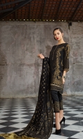 1.1 Meters Jacquard Front. 1.1 Meters Jacquard Back. 0.6 Meters Jacquard Sleeves. 2.5 Meters Printed Jacquard Dupatta. 2.5 Meters Embroidered Trouser. Hand Embroidered border for Neckline