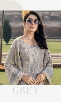 Embroidered Schiffli Lawn Center Panel For Front = 1.15 meters Embroidered Schiffli Lawn Back And Side Panel = 1.60 meters Embroidered Schiffli Lawn Sleeves = 0.65 meter Dyed Cotton Trouser = 2.5 meters Embroidered Cotton Net Dupatta = 2.5 meters Embroidered With Mirror Work Organza Border For Dupatta and neck line 8 meters Embroidered With Mirror Work Organza Border For Front Hem = 0.75 meter 2 Embroidered Organza Patches
