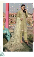 Embroidered Schiffli Lawn Front = 0.75 meter Embroidered Schiffli Lawn Back = 0.75 meter Embroidered Schiffli Lawn Sleeves = 0.65 meter Dyed Cotton Trouser = 2.5 meters Net Dupatta With Embroidery And Mirror Work = 1.65 meters Embroidered Net Dupatta Pallu Pair Embroidered Organza Patti For Neckline = 1 meter Embroidered Organza Border For Front Hem = 1 meter