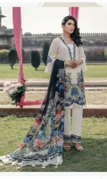 Embroidered Schiffli Lawn Front = 0.65 meter Embroidered Schiffli Lawn Back = 0.75 meter Embroidered Schiffli Lawn Sleeves = o.65 meter Dyed Cotton Trouser = 2.5 meters Side panel = 0.35 meter Pure Chiffon Digital Printed Dupatta = 2.5 meters 2 Embroidered Organza Patches For Sleeves Embroidered Organza Border For Neckline And Trousers = 1 meter