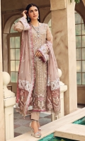 Embroidered Organza Hand Work Front, 0.66 Mtr Embroidered Organza Front Side Pannel, 0.33 Mtr Embroidered Organza Back, 1.15 Mtr Embroidered Organza Sleeve, 1.25 Mtr Embroidered Organza Hand Work Daman, 01 Pc Embroidered Organza Back Daman Border, 0.75 Mtr Embroidered Chiffon Dupatta, 2.25 Mtr Embroidered Shamooz Silk Dupatta Patti, 05 Mtr Embroidered Organza Dupatta Pallu Border, 2.25 Mtr Embroidered Organza Dupatta Pallu, 01 Pair Embroidered Organza Trouser Patti, 1.10 Mtr Solid Dyed Thai Silk For Inner Shirt, 2.25 Mtr Solid Dyed Raw Silk For Trouser, 2.5 Mtr
