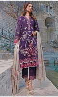 Embroidered Self Linen Front 1.15 MTR  Embroidered Self Linen Back 1.15 MTR  Embroidered Self Linen Sleeves 0.75 MTR  Embroidered Neck Patti on Silk 2 MTR  Embroidered Trousers Patti on Silk 1.25 MTR  Multihead with Boring Border on Organza 2.25 MTR  Yarn Dyed Woolen Shawl with Embroidery 2.5 MTR  Dyed Linen Trousers 2.5 MTR