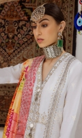 Embroidered Front Center Panel (Pima Lawn) 0.33 Meter Embroidered Front Right Panel (Pima Lawn) 0.33 Meter Embroidered Front Left Panel (Pima Lawn) 0.33 Meter Embroidered Back Center Panel (Pima Lawn) 0.33 Meter Dyed Back Side Panels (Pima Lawn) 0.66 Meter Embroidered Sleeves (Pima Lawn) 0.66 Meter Embroidered Hem Border (Pima Lawn) 2 Meters Digital Printed Duppata (Medium Silk) 2.5 Meters Embroidered Trouser Patch (Pima Lawn) 1 Pair Dyed Trouser (Cambric) 2.5 Meters