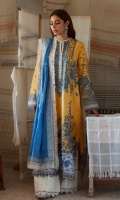 Embroidered Front (Pima Lawn) 0.66 Meter Embroidered Front Left+Right Side Extention (Pima Lawn) 0.33 Meter Embroidered Back Center Panel (Pima Lawn) 0.33 Meter Dyed Back Left+Right Side Extention (Pima Lawn) 0.66 Meter Embroidered Sleeves (Pima Lawn) 0.66 Meter Embroidered Front HEM Border (Pima Lawn) 1 Piece Embroidered Sleeve + Back HEM Border (Pima Lawn) 2 Meters Embroidered Dopatta (Swiss Voile) 2.5 Meters Embroidered Dopatta Pallu Patti (Swiss Voile) 2 Meters Dyed Trouser (Cambric) 2.5 Meters