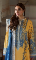 Embroidered Front (Pima Lawn) 0.66 Meter Embroidered Front Left+Right Side Extention (Pima Lawn) 0.33 Meter Embroidered Back Center Panel (Pima Lawn) 0.33 Meter Dyed Back Left+Right Side Extention (Pima Lawn) 0.66 Meter Embroidered Sleeves (Pima Lawn) 0.66 Meter Embroidered Front HEM Border (Pima Lawn) 1 Piece Embroidered Sleeve + Back HEM Border (Pima Lawn) 2 Meters Embroidered Dopatta (Swiss Voile) 2.5 Meters Embroidered Dopatta Pallu Patti (Swiss Voile) 2 Meters Dyed Trouser (Cambric) 2.5 Meters