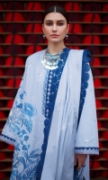 Embroidered Front Center Panel (Dobby) 0.33 Meter Embroidered Front Left Side Panel ( Dobby) 0.33 Meter Embroidered Front Right Side Panel (Dobby) 0.33 Meter Embroidered Back (Dobby) 1 Meter Embroidered Sleeves (Dobby) 0.66 Meter Embroidered Hem Border (Organza) 1 Meter Embroidered Sleeve Border (Organza) 1.32 Meters Embroidered Neckline Patti (Organza) 1 Meter Embroidered Dopatta Center Panel (Swiss Voile) 1.32 Meters Embroidered Dopatta Pallu 1 (Swiss Voile) 0.33 Meter Embroidered Dopatta Pallu 2 (Swiss Voile) 0.33 Meter Embroidered Dopatta Pallu 3 (Swiss Voile) 0.33 Meter Embroidered Dopatta Pallu 4 (Swiss Voile) 0.33 Meter Dyed Trouser (Cambric) 2.5 Meters