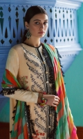 Embroidered Front Center Panel (Pima Lawn) 0.33 Meter Embroidered Front Left Side Panel (Pima Lawn) 0.33 Meter Embroidered Front Right Side Panel (Pima Lawn) 0.33 Meter Embroidered Back (Pima Lawn) 1 Meter Embroidered Front + Back Neck Crew (Pima Lawn) 1 Pair Printed Sleeves Left+Right (Pima Lawn) 0.66 Meter Embroidered Hem Border 1 (Pima Lawn) 1 Meter Embroidered Hem Border 2 (Pima Lawn) 1 Meter Embroidered Intersection Patti (Pima Lawn) 9 Meters Embroidered Sleeve Border (Satin) 1.32 Meters Embroidered Dopatta Left+Right Pallu (Swiss Voile) 1 Pair Digital Printed Dopatta (Swiss Voile) 1.85 Meters Printed Trouser (Cambric) 2.5 Meters