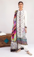 Embroidered Front Center Panel (Pima Lawn) 0.33 Meter Embroidered Front Left Side Panel (Pima Lawn) 0.33 Meter Embroidered Front Right Side Panel (Pima Lawn) 0.33 Meter Embroidered Back (Pima Lawn) 1 Meter Embroidered Front + Back Neck Crew (Pima Lawn) 1 Pair Printed Sleeves Left+Right (Pima Lawn) 0.66 Meter Embroidered Hem Border 1 (Pima Lawn) 1 Meter Embroidered Hem Border 2 (Pima Lawn) 1 Meter Embroidered Intersection Patti (Pima Lawn) 9 Meters Embroidered Sleeve Border (Satin) 1.32 Meters Embroidered Dopatta Left+Right Pallu (Swiss Voile) 1 Pair Digital Printed Dopatta (Swiss Voile) 1.85 Meters Printed Trouser (Cambric) 2.5 Meters