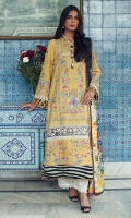 Embroidered Front Center Panel (Lawn) 0.33 Meter Embroidered Front Left Side Panel (Lawn) 0.33 Meter Embroidered Front Right Side Panel (Lawn) 0.33 Meter Embroidered Back (Lawn) 1 Meter Embroidered Sleeves (Lawn) 0.66 Meter Embroidered Hem Border 1 (Lawn) 1 Meter Embroidered Hem Border 2 (Organza) 1 Meter Embroidered Tareez Patti (Organza) 2.65 Meters Digital Printed Dupatta (Medium Silk) 2.5 Meters Dyed Trouser (Cambric) 2.5 Meters
