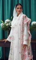 Embroidered Front Center Panel (Lawn) 0.66 Meter Embroidered Front Side Extensions (Lawn) 0.33 Meter Embroidered Back (Lawn) 1 Meter Embroidered Sleeves (Lawn) 0.66 Meter Embroidered Hem Border 1 (Organza) 1 Meter Embroidered Hem Border 2 (Organza) 1 Meter Embroidered Dupatta (Net) 2.25 Meters Embroidered Dupatta 4 Side Patti 1 (Net) 7.25 Meters Embroidered Dupatta 4 Side Patti 2 (Satin) 7.25 Meters Dyed Trouser (Cambric) 2.5 Meters