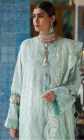 Embroidered Front Center Panel (Lawn) 0.66 Meter Embroidered Front Side Extensions (Lawn) 0.33 Meter Embroidered Back (Lawn) 1 Meter Embroidered Sleeves (Lawn) 0.66 Meter Embroidered Sleeves Border (Lawn) 1.32 Meters Embroidered Hem Border (Organza) 1 Meter Embroidered Dupatta (Net) 2 Meters Embroidered Dupatta Pallu 1 (Net) 0.33 Meter Embroidered Dupatta Pallu 2 ( Net ) 0.33 Meter Dyed Trouser ( Cambric ) 2.5 Meters
