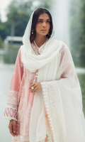 Embroidered Front Center Panel (Lawn) 0.33 Meter Embroidered Front Left Side Panel (Lawn) 0.33 Meter Embroidered Front Right Side Panel (Lawn) 0.33 Meter Embroidered Front Side Extensions (Lawn) 0.33 Meter Embroidered Back (Lawn) 1 Meter Embroidered Sleeves (Lawn) 0.66 Meter Embroidered Hem Border 1 ( Organza ) 1 Meter Laser Embroidered Hem Border (Organza) 1 Meter Tie & Dye Dupatta (Organza) 2 Meters Embroidered Dupatta 4 Side Patti (Organza) 7.25 Meters Dyed Trouser (Cambric) 2.5 Meters