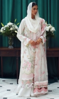 Embroidered Front Center Panel (Lawn) 0.66 Meter Embroidered Front Side Extensions (Lawn) 0.33 Meter Embroidered Back (Lawn) 1 Meter Embroidered Sleeves (Lawn) 0.66 Meter Embroidered Hem Border 1 (Organza) 1 Meter Embroidered Hem Border 2 (Organza) 1 Meter Embroidered Dupatta (Net) 2.25 Meters Embroidered Dupatta 4 Side Patti 1 (Net) 7.25 Meters Embroidered Dupatta 4 Side Patti 2 (Satin) 7.25 Meters Dyed Trouser (Cambric) 2.5 Meters