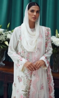 Embroidered Front Center Panel (Lawn) 0.66 Meter Embroidered Front Side Extensions (Lawn) 0.33 Meter Embroidered Back (Lawn) 1 Meter Embroidered Sleeves (Lawn) 0.66 Meter Embroidered Hem Border 1 (Organza) 1 Meter Embroidered Hem Border 2 (Organza) 1 Meter Embroidered Dupatta (Net) 2.25 Meters Embroidered Dupatta 4 Side Patti 1 (Net) 7.25 Meters Embroidered Dupatta 4 Side Patti 2 (Satin) 7.25 Meters Dyed Trouser (Cambric) 2.5 Meters