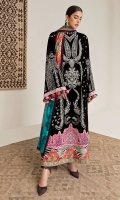 Embroidered Front (Velvet) 1.3 Meters Embroidered Sleeves (Velvet) 1.3 Meters Embroidered Sleeve Border (Satin) 1.3 Meters Embroidered Front Border (Satin) 1 Meter Dyed Back (Velvet) 1.3 Meters Dyed Trouser (Raw Silk) 2.5 Meters Digital Printed Dupatta (Medium Silk) 2.5 Meters