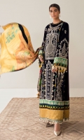 Embroidered Front Center Panel (Velvet) 1 Piece Embroidered Front (Left+Right) Side Extentions (Velvet) 1 Pair Embroidered Sleeves (Velvet) 1.3 Meters Embroidered Sleeve Border (Satin) 1.3 Meters Embroidered Front Border (Satin) 1 Meter Embroidered Front & Back Border (Satin) 2 Meters Embroidered Front Neck Crew (Satin) 1 Piece Dyed Back (Velvet) 1.3 Meters Dyed Trouser (Raw Silk) 2.5 Meters Digital Printed Dupatta (Medium Silk) 2.5 Meters
