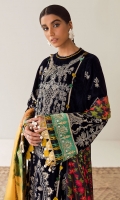 Embroidered Front Center Panel (Velvet) 1 Piece Embroidered Front (Left+Right) Side Extentions (Velvet) 1 Pair Embroidered Sleeves (Velvet) 1.3 Meters Embroidered Sleeve Border (Satin) 1.3 Meters Embroidered Front Border (Satin) 1 Meter Embroidered Front & Back Border (Satin) 2 Meters Embroidered Front Neck Crew (Satin) 1 Piece Dyed Back (Velvet) 1.3 Meters Dyed Trouser (Raw Silk) 2.5 Meters Digital Printed Dupatta (Medium Silk) 2.5 Meters