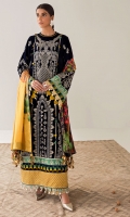 Embroidered Front Center Panel (Velvet) 1 Piece Embroidered Front (Left+Right) Side Extentions (Velvet) 1 Pair Embroidered Sleeves (Velvet) 1.3 Meters Embroidered Sleeve Border (Satin) 1.3 Meters Embroidered Front Border (Satin) 1 Meter Embroidered Front & Back Border (Satin) 2 Meters Embroidered Front Neck Crew (Satin) 1 Piece Dyed Back (Velvet) 1.3 Meters Dyed Trouser (Raw Silk) 2.5 Meters Digital Printed Dupatta (Medium Silk) 2.5 Meters