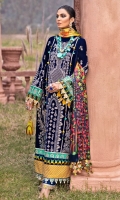 Embroidered Front Center Panel (Velvet) 1 Piece Embroidered Front (Left+Right) Side Extentions (Velvet) 1 Pair Embroidered Sleeves (Velvet) 1.3 Meters Embroidered Sleeve Border (Satin) 1.3 Meters Embroidered Front Border (Satin) 1 Meter Embroidered Front & Back Border (Satin) 2 Meters Embroidered Front Neck Crew (Satin) 1 Piece Dyed Back (Velvet) 1.3 Meters Dyed Trouser (Raw Silk) 2.5 Meters Digital Printed Dupatta (Medium Silk) 2.5 Meters