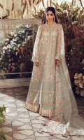 EMBROIDERED FRONT (ORGANZA) 1 PIECE EMBROIDERED FRONT SIDE PANELS (LEFT+RIGHT) (ORGANZA) 1 PAIR EMBROIDERED BACK (ORGANZA) 1 METER EMBROIDERED SLEEVES (ORGANZA) 2 PIECES EMBROIDERED DUPATTA (ORGANZA) 2.64 METERS EMBROIDERED DUPATTA PALLU (SATIN) 8 METERS EMBROIDERED CREW PATTI (ORGANZA) 0.66 METER EMBROIDERED FRONT+BACK BORDER (SATIN) 2 METERS EMBROIDERED FRONT BORDER (ORGANZA) 1 METER EMBROIDERED SLEEVE BORDER (SATIN) 1.3 METERS EMBROIDERED NECK PATCH (SAITN) 1 PIECE DYED INNER SLIP (RAW SILK) 2 METERS DYED TROUSER (BAMBER RAW SILK) 2.5 METERS