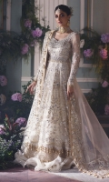 Embellished+Embroidered Front Body (Net) 1 Piece Embroidered Back Body (Net) 1 Piece Embellished+Embroidered Front Panel (Net) 7 Pieces Embroidered Back Panel (Net) 7 Pieces Embellished+Embroidered Sleeves (Net) 1 Pair Embellished+Embroidered Front+Back Hem Border (Organza) 4.62 Meters Embroidered Dupatta (Organza) 2 Meters Embroidered Dupatta Left+Right Pallu (Organza) 1.32 Meters Dyed Slip (Raw Silk) 2.5 Meters Dyed Trouser (Bamber Raw Silk) 2.5 Meters