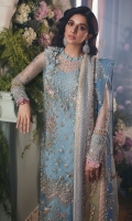 Embellished+Embroidered Front Center Panel (Net) 1 Piece Embellished+Embroidered Front Side Extensions (Net) 1 Pair Embroidered Back Center Panel (Net) 1 Piece Embroidered Back Side Extensions (Net) 1 Pair Embellished+Embroidered Sleeves (Net) 1 Pair Embellished+Embroidered Sleeves Border (Organza) 1.25 Meters Embellished+Embroidered Front Hem Border (Net) 1 Meter Embroidered Back Hem Border (Net) 1 Meter Embroidered Dupatta (Net) 2 Meters Embroidered Dupatta 4 Side Border 1 (Organza) 7.25 Meters Embroidered Dupatta 4 Side Border 2 (Organza) 7.25 Meters Embroidered Dupatta 4 Side Border 3 (Organza) 7.25 Meters Dyed Slip (Raw Silk) 2.5 Meters Dyed Trouser (Bamber Raw Silk) 2.5 Meters