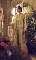 Inspired by heavenly Kashmir, a zari cotton net shirt creates aesthetic magic with its intricate motifs and mirror work. The handcrafted gota dupatta is finished with Élan's signature gota tassel detailing. The shirt is worn over a zari organza sharara with a beautifully detailed and embellished border while the colour pallete moves between soft pastels, golds and silvers illuminating the wearer with an otherwordly glow.