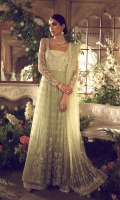 A floor length, gathered pishwas is deliciously rendered in minty green cobweb tulle and exquisitely adorned with minute climbing floral thread work. Lavishly scattered with seed pearls, this illuminating ensemble is the perfect dainty and feminine look for summer weddings.