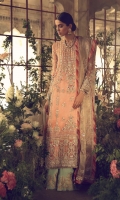 Bringing to life the quintessential Élan magic and romance, this bridal pairs a long sheer shirt in sparkling coral, heavily embellished with hand-sewn resham roses and filigree with a lightly embellished net dupatta, finished with traditional chatta patti in varying shades of rose. The mint coloured sharara printed with a gold dust border peeps through and lends contrast to this dreamy ensemble.
