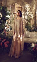 A dusty rose pink organza angrakha is deftly adorned with shikargah imagery, rendered in glowing tilla, gotta, dabka and resham and paired with a light as air net sharara and an organza dupatta for an ethereal and incandescent ensemble that makes for an effortless formal look. 