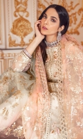 FRONT: Net Embroidered Hand embellished right and left panels, embroidered net side panels. BACK: Net embroidered back PATCHES: Organza  embroidered front and back borders, embroidered lace for front panels,  organza embroidered border for dupatta. SLEEVES: Net embroidered sleeves DUPATTA: Foil Printed Net Dupatta. TROUSER: Dyed  Raw Silk