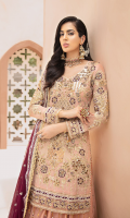 Chiffon Embroidered Front with Handwork Chiffon Embroidered Back Chiffon Embroidered Sleeves with Handwork Chiffon Embroidered Duppata with diamantes Organza Embroidered Front, Back, Bazu Border with Handwork Embroidered Net Gharara with diamantes Organza Embroidered Gharara Border with Diamantes Jamawar for Gharara Linning