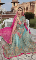 Chiffon Embroidered front with Handwork Chiffon Embroidered Back Chiffon Embroidered Sleeves with Handwork Chiffon Embroidered Duppata with Handwork Raw Silk Embroidered Front, Back Border. Raw Silk Embroidered Sleeves Border Embroidered Net Lehnga Jamawar for Lehnga Linning Accessories