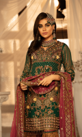 Chiffon embroidered front with Handwork Chiffon embroidered Back Chiffon Embroidered Sleeves with Handwork Chiffon Embroidered Duppata with Handwork Organza Embroidered Front, Back Border with Handwork Embroidered Net Gharara Jamawar for Gharara Linning Accessories