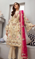 FRONT: ORGANZA EMBROIDERED FORNT WITH SEQUENCE WORK  BACK: ORGANZA EMBROIDERED BACK  SLEEVES: ORGANZA EMBROIDERED SLEEVES ALONG WITH EMBROIDERED BORDER  BORDER: EMBROIERED LACE FOR FRONT AND BACK  DUPATTA: CHIFFON EMBROIDERED DUPATTA  TROUSER: RAWSILK TROUSER