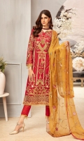 FRONT: CHIFFON EMBROIDERED FRONT WITH HAND WORK  BACK: CHIFFON EMBROIDERED BACK  SLEEVES: CHIFFON EMBROIDERED SLEEVES  BORDER: FRONT, BACK EMBROIDERED BORDER  DUPATTA: CHIFFON EMBROIDERED DUPATTA  TROUSER: RAWSILK TROUSER
