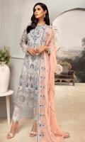 FRONT: CHIFFON EMBROIDERED FRONT WITH SEQUENCE WORK  BACK: CHIFFON EMBROIDERED BACK  SLEEVES: CHIFFON EMBROIDERED SLEEVES ALONG WITH EMBROIDERED BORDER  BORDER: ORGANZA EMBROIDERED FRONT AND BACK BORDER  DUPATTA: CHIFFON EMBROIDERED DUPATTA .  TROUSER: RAWSILK TROUSER EMBROIDERED MOTIFS