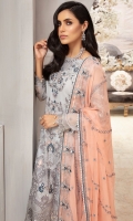 FRONT: CHIFFON EMBROIDERED FRONT WITH SEQUENCE WORK  BACK: CHIFFON EMBROIDERED BACK  SLEEVES: CHIFFON EMBROIDERED SLEEVES ALONG WITH EMBROIDERED BORDER  BORDER: ORGANZA EMBROIDERED FRONT AND BACK BORDER  DUPATTA: CHIFFON EMBROIDERED DUPATTA .  TROUSER: RAWSILK TROUSER EMBROIDERED MOTIFS