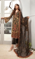 FRONT: CHIFFON EMBROIDERED FRONT WITH SEQUENCE WORK  BACK: CHIFFON EMBROIDERED BACK  SLEEVES: CHIFFON EMBROIDERED SLEEVES  BORDER: VELVET EMBROIDERED FRONT AND BACK BORDER  DUPATTA: CHIFFON EMBROIDERED DUPATTA  TROUSER: RAWSILK TROUSER ADD ON: VELVET EMBROIDERED LACE FOR NECK LINE VELVET EMBROIDERED SLEEVES LACE
