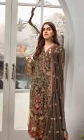 FRONT: CHIFFON EMBROIDERED FRONT WITH SEQUENCE WORK  BACK: CHIFFON EMBROIDERED BACK  SLEEVES: CHIFFON EMBROIDERED SLEEVES  BORDER: VELVET EMBROIDERED FRONT AND BACK BORDER  DUPATTA: CHIFFON EMBROIDERED DUPATTA  TROUSER: RAWSILK TROUSER ADD ON: VELVET EMBROIDERED LACE FOR NECK LINE VELVET EMBROIDERED SLEEVES LACE