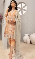 FRONT: ORGANZA EMBROIDERED FORNT WITH HANDWORK  BACK: ORGANZA EMBROIDERED BACK  SLEEVES: ORGANZA EMBROIDERED SLEEVES  BORDER: ORGANZA EMBROIDERED BORDER FOR FRONT AND BACK  DUPATTA: MESORI EMBROIDERED DUPATTA  TROUSER: RAWSILK TROUSER