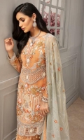 FRONT: ORGANZA EMBROIDERED FORNT WITH HANDWORK  BACK: ORGANZA EMBROIDERED BACK  SLEEVES: ORGANZA EMBROIDERED SLEEVES  BORDER: ORGANZA EMBROIDERED BORDER FOR FRONT AND BACK  DUPATTA: MESORI EMBROIDERED DUPATTA  TROUSER: RAWSILK TROUSER