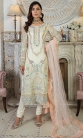 Chiffon Embroidered Adda work Front.  Chiffon Embroidered back.  Chiffon Embroidered Sleeves.  Organza Embroidered Front and back border.  Organza Embroidered Sleeves border.  Net Embroidered Dupatta.  Dyed Raw silk Trouser.