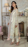 Chiffon Embroidered Adda work Front.  Chiffon Embroidered back.  Chiffon Embroidered Sleeves.  Organza Embroidered Front and back border.  Organza Embroidered Sleeves border.  Net Embroidered Dupatta.  Dyed Raw silk Trouser.