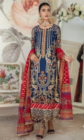 Chiffon Embroidered Front.  Chiffon Embroidered back.  Chiffon Embroidered Sleeves.  Organza Embroidered Handmade Neck line.  Organza Embroidered Front and back border.  Organza Embroidered Sleeves lace.  Grip Embroidered Front, back and Sleeves border.  Organza Embroidered trouser border.  Chiffon Block Print Dupatta.  Dyed Raw silk Trouser.