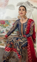 Chiffon Embroidered Front.  Chiffon Embroidered back.  Chiffon Embroidered Sleeves.  Organza Embroidered Handmade Neck line.  Organza Embroidered Front and back border.  Organza Embroidered Sleeves lace.  Grip Embroidered Front, back and Sleeves border.  Organza Embroidered trouser border.  Chiffon Block Print Dupatta.  Dyed Raw silk Trouser.
