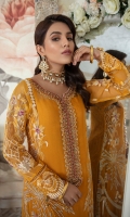 Organza Embroidered Front.  Organza Embroidered back.  Organza Embroidered Sleeves.  Chiffon Embroidered Dupatta.  Organza Embroidered Handmade Neck line.  Organza Embroidered Front and back border.  Organza Embroidered Sleeves border.  Jamawar trouser.