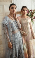Organza Embroidered Front.  Organza Embroidered back.  Organza Embroidered Sleeves.  Dyed Viscose Dupatta.  Organza Embroidered Handmade Neck line.  Organza Embroidered Front and back border.  Organza Embroidered Sleeves border.  Organza Embroidered Dupatta Lace.  Jamawar trouser.