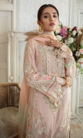 Organza Embroidered Front.  Organza Embroidered back.  Organza Embroidered Sleeves.  Dyed Viscose Dupatta.  Organza Embroidered Handmade Neck line.  Organza Embroidered Front and back border.  Organza Embroidered Sleeves border.  Organza Embroidered Dupatta Lace.  Jamawar trouser.